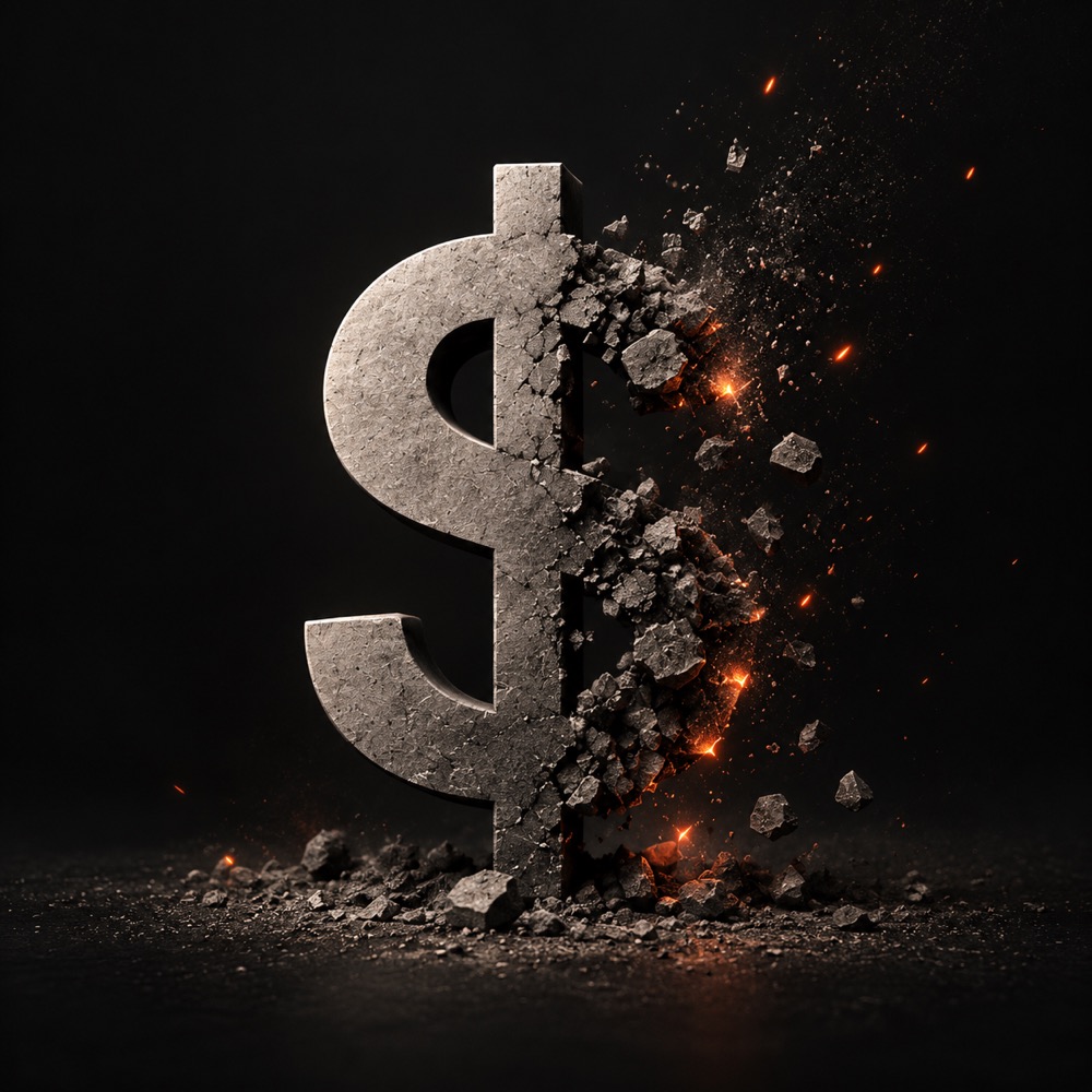 A stone dollar sign crumbling into ash and sparks on one side.